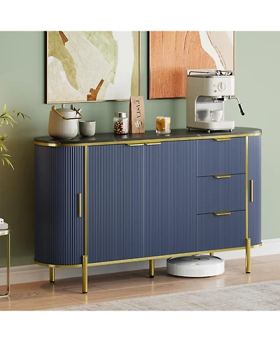 homfan 63.66 Inch Sideboard with 4 Wave-Textured Doors, 3 Fabric Pull Drawers, Raised Metal Legs, Wine Storage, Rounded Edges