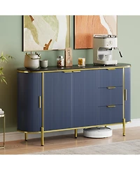 homfan 63.66 Inch Sideboard with 4 Wave-Textured Doors, 3 Fabric Pull Drawers, Raised Metal Legs, Wine Storage, Rounded Edges
