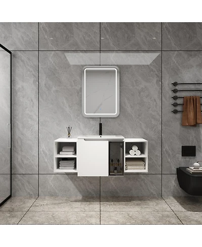 Sillysis Wall Mounted Bathroom Vanity with Ceramic Sink, Modern Floating Plywood Cabinet