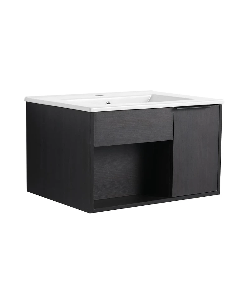 Sillysis Wall Mounted Bathroom Vanity with Ceramic Sink, Soft Close Door, Open Shelf Storage