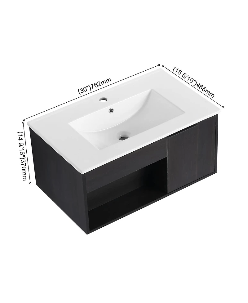 Sillysis Wall Mounted Bathroom Vanity with Ceramic Sink, Soft Close Door, Open Shelf Storage