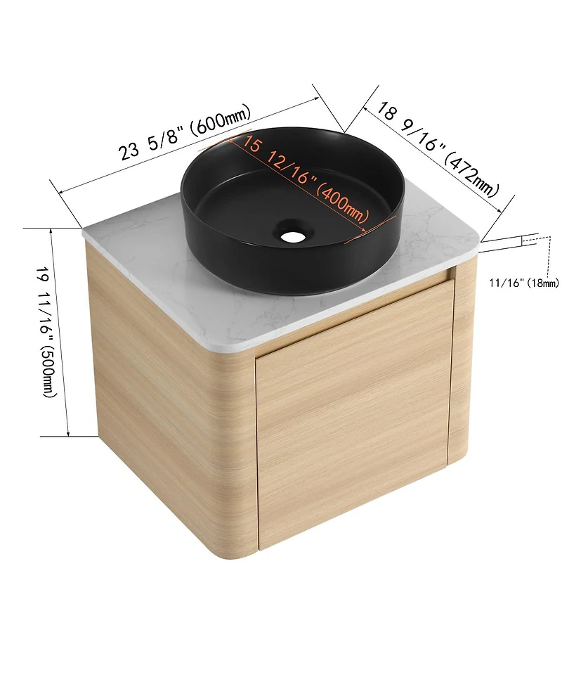 Sillysis 23.6 Inch Wall Mounted Modern Bathroom Vanity with Plywood Cabinet, Stone Countertop, Ceramic Vessel Sink for Small Spaces