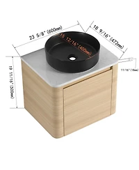 Sillysis 23.6 Inch Wall Mounted Modern Bathroom Vanity with Plywood Cabinet, Stone Countertop, Ceramic Vessel Sink for Small Spaces