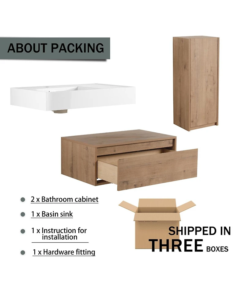 Sillysis 29.5 Inch Wall Mounted Modern Bathroom Vanity with Resin Sink, Soft Close Drawer, Side Cabinet for Ample Storage