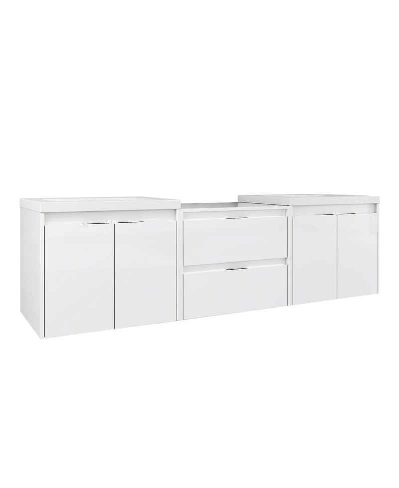 Sillysis 71 Inch Wall Mounted Double Sink Bathroom Vanity with Resin Basins, Soft Close Doors, Water-Resistant Cabinet, Modern Storage