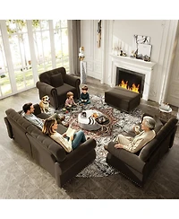 Streamdale Furniture Velvet Chesterfield Sofa with Nailhead Trim Rolled Arms and Ottoman