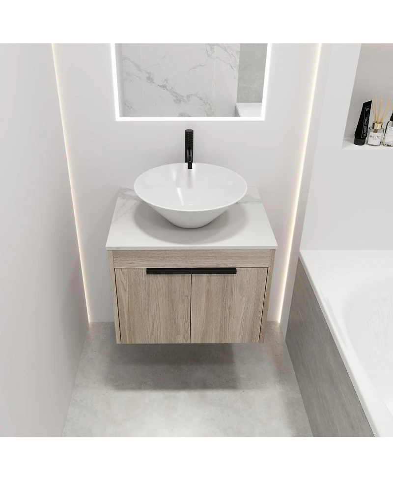 Sillysis Wall Mounted Bathroom Vanity with Ceramic Vessel Sink, Stone Top, Soft Close Doors