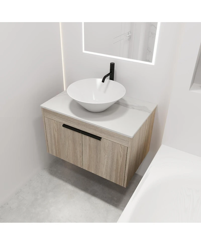 Sillysis Wall Mounted Bathroom Vanity with Ceramic Vessel Sink, Stone Top, Soft Close Doors, Modern Handle Design