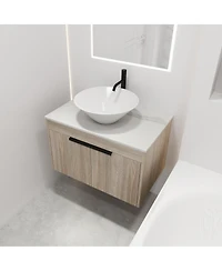 Sillysis Wall Mounted Bathroom Vanity with Ceramic Vessel Sink, Stone Top, Soft Close Doors, Modern Handle Design