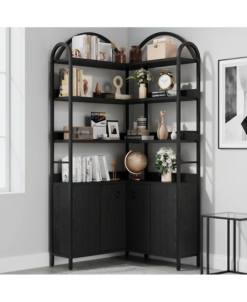 homfan L-Shaped 6-Tier Arched Corner Bookshelf with Metal Frame and Cabinet, 74.5" Tall Storage Unit for Living Room Bedroom