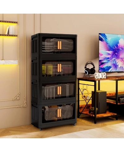 Streamdale Furniture 4-Tier Collapsible Storage Cabinet with Magnetic Doors and Wheels