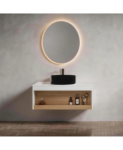 Sillysis Inch Wall Mounted Bathroom Vanity with Vessel Sink, Floating Plywood Cabinet