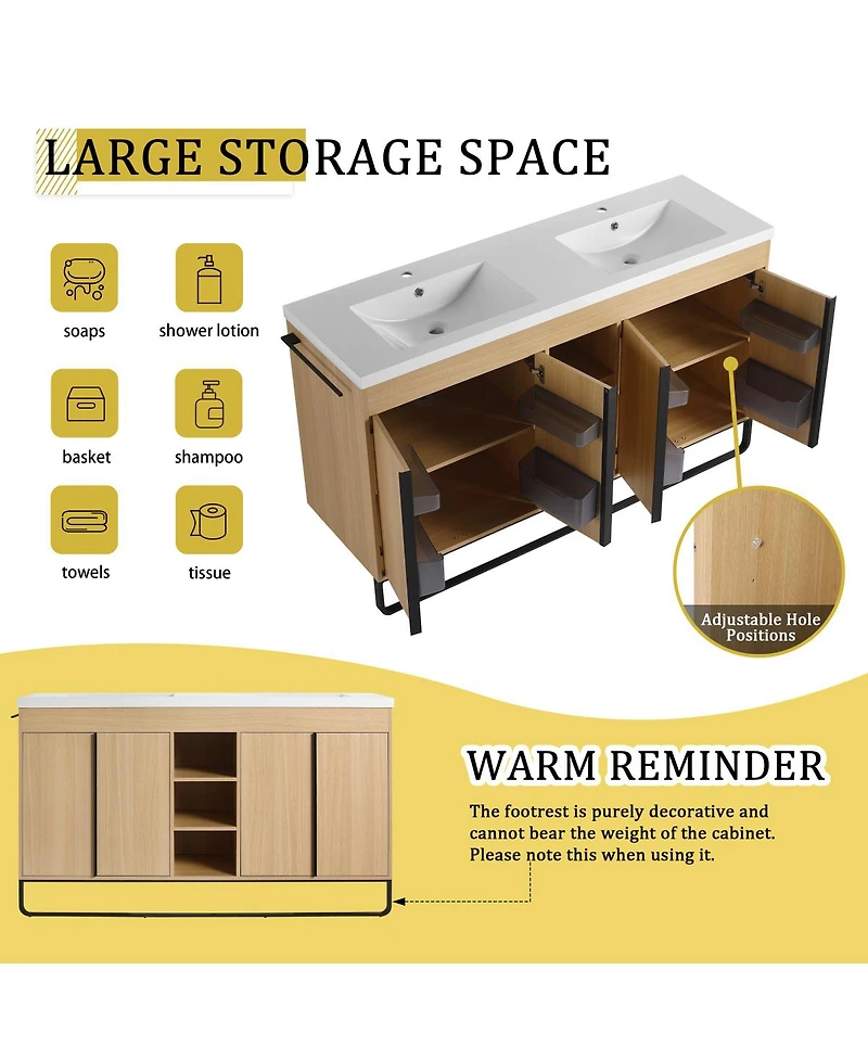 Sillysis 59 Inch Freestanding Double Sink Bathroom Vanity with Soft Close Doors, Open Storage and Towel Bar, Modern Plywood Cabinet