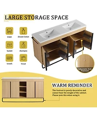 Sillysis 59 Inch Freestanding Double Sink Bathroom Vanity with Soft Close Doors, Open Storage and Towel Bar, Modern Plywood Cabinet