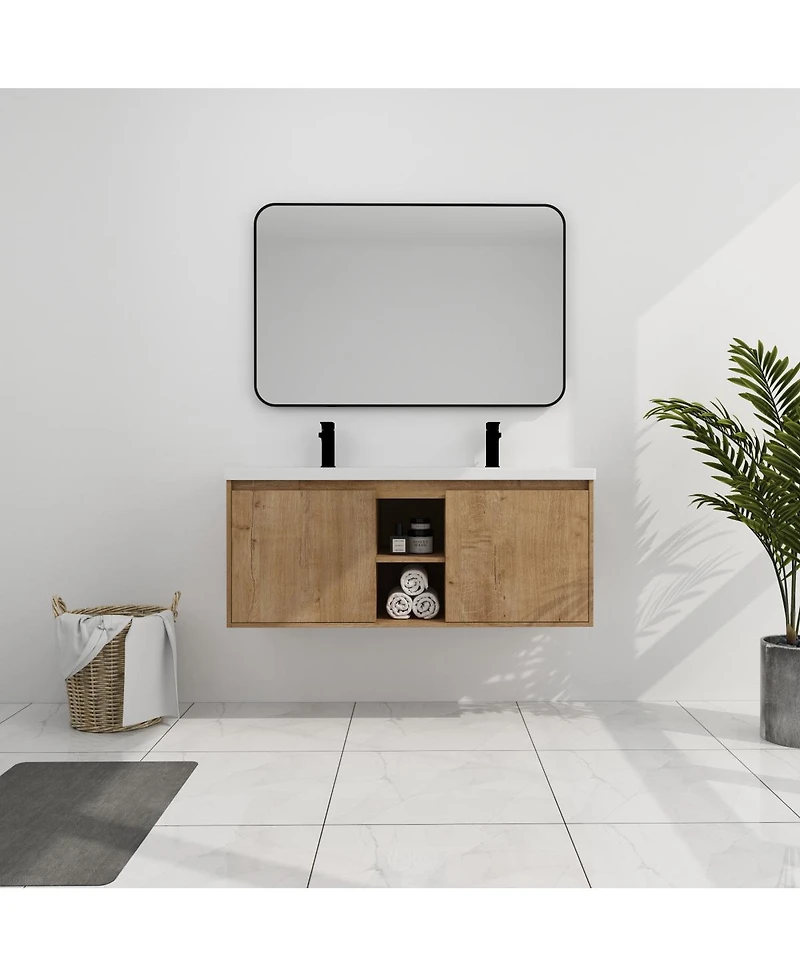 Sillysis 48 Inch Wall Mounted Double Sink Bathroom Vanity with Resin Basin, Soft Close Doors, Open Storage, Modern Floating Cabinet