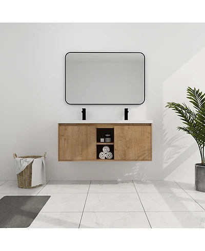 Sillysis 48 Inch Wall Mounted Double Sink Bathroom Vanity with Resin Basin, Soft Close Doors, Open Storage, Modern Floating Cabinet