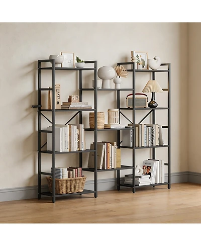 homfan Triple 4-Tier Open Bookshelf, Industrial Iron Frame Wooden Storage Rack, Multi-Scene Easy-Assembly Home and Office Display Organizer