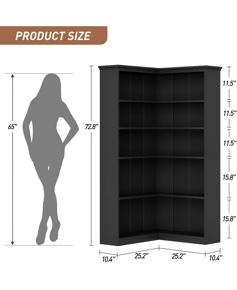 homfan Tall L-Shaped Corner Bookshelf, Farmhouse Design 5-Tier Large Wooden Bookcase, Modern Storage Display Shelf for Living Room, Bedroom