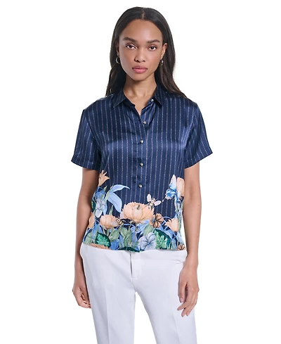Karl Lagerfeld Paris Petite Short-Sleeve Printed Camp Shirt