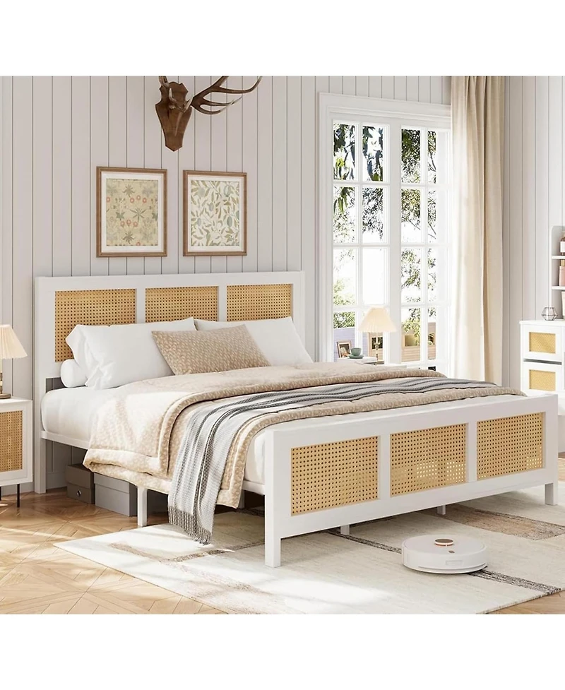 gaomon Rattan Platform Bed with Headboard, Metal Slats