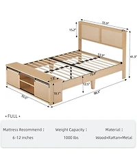 gaomon Full Rattan Bed with Storage Cabinets And Led, Boho
