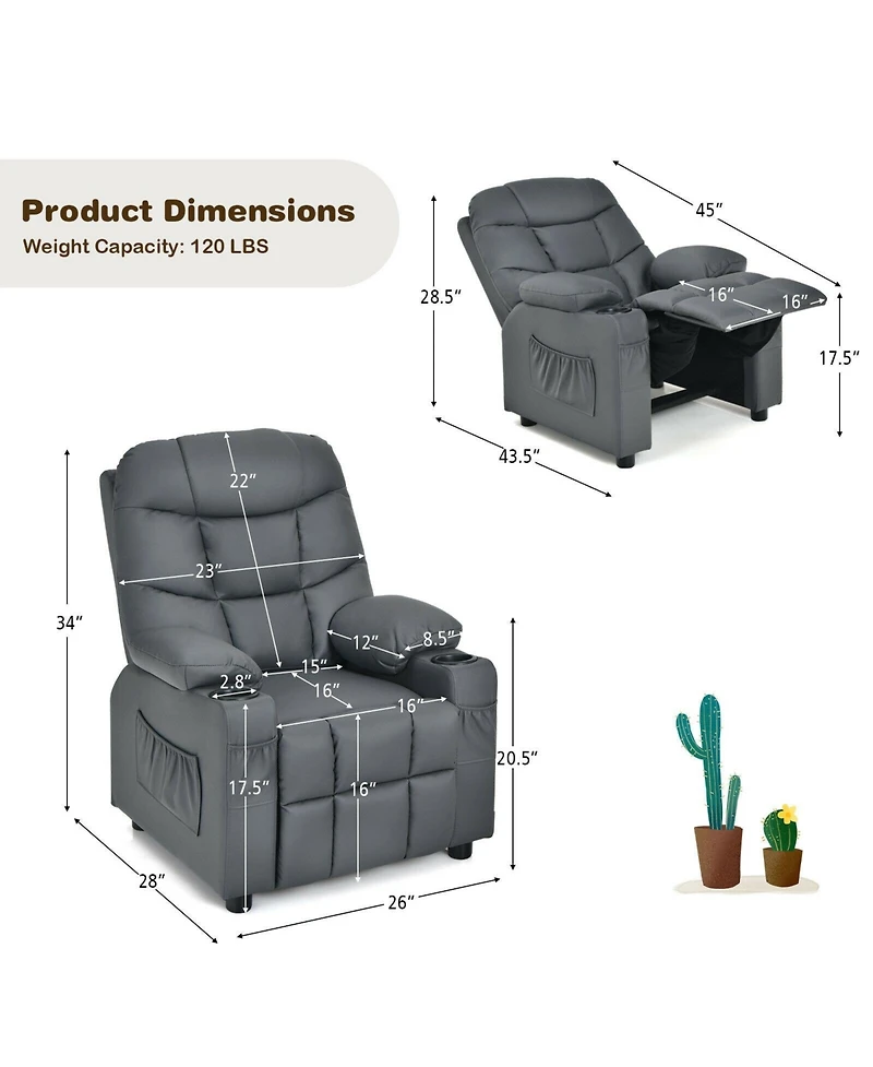 Gouun Kids Reclining Lounge Chair with Cup Holders, Side Pockets and Footrest