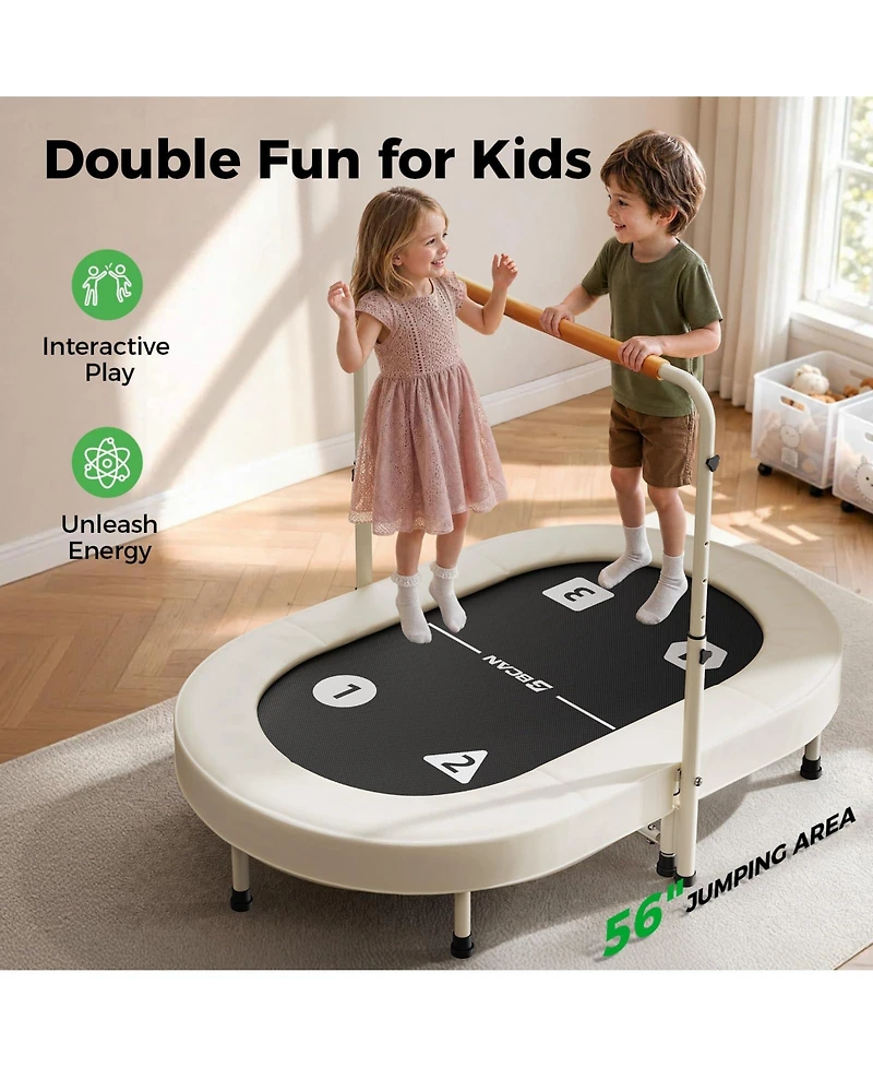 Bcan 56 Inch 2 Person Kids Trampoline Foldable Elastic Band Trampoline with Adjustable Handlebar Thickened Cover Astm Certified for 1-8 Years Old Max