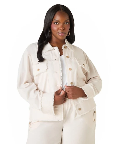 Ashley Stewart Women's Frayed Linen Blend Trucker Jacket