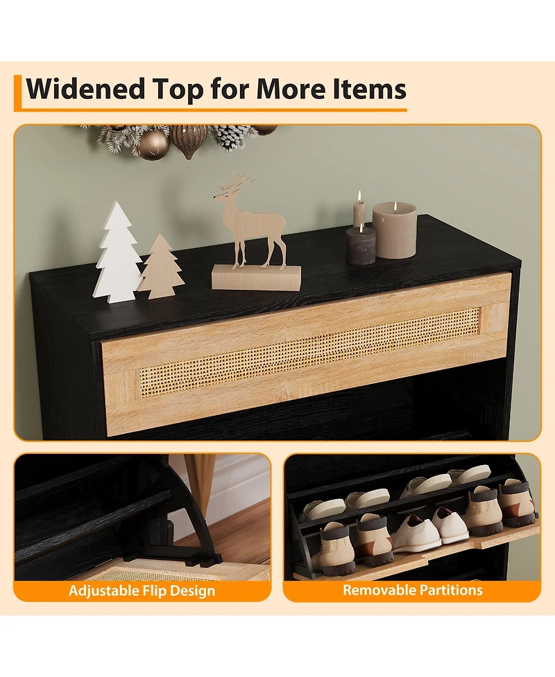Homfan Rattan Shoe Storage Cabinet with 3 Flip Doors and 1 Drawer, Freestanding Shoe Organizer for Entryway with Adjustable Shelves