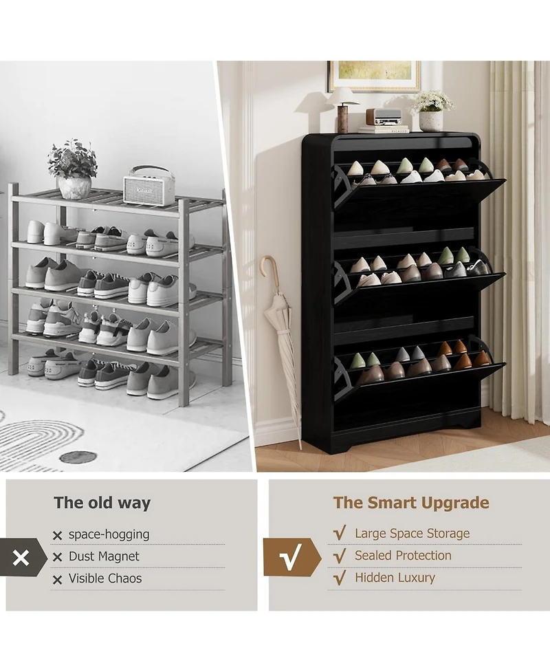 Homfan Narrow Shoe Cabinet - 3 Flip Drawers, Freestanding Shoe Storage for Entryway, Hallway or Small Space