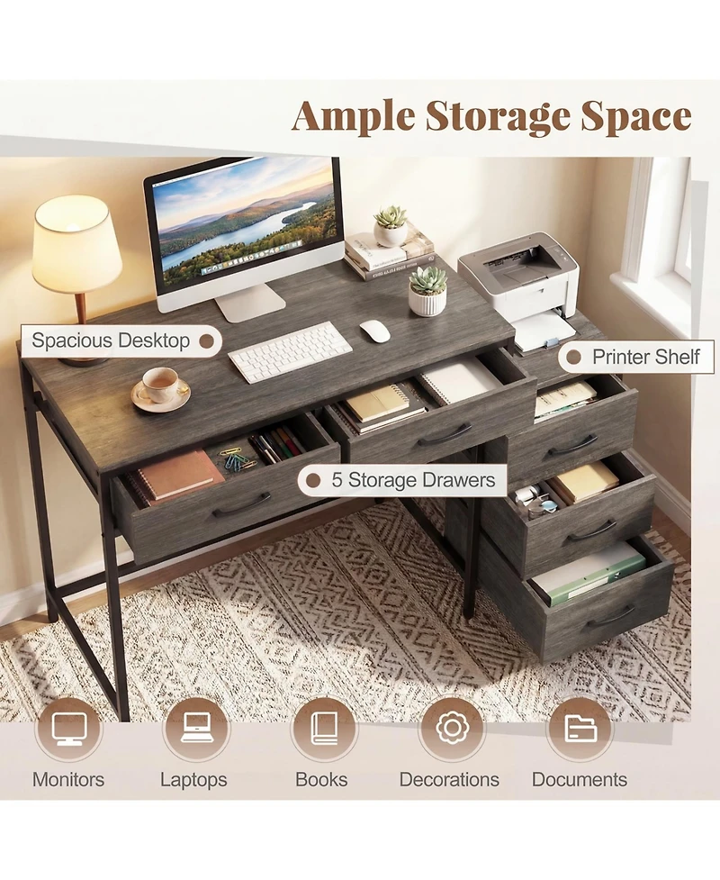 Slickblue Computer Desk with 5 Drawers and Printer Stand