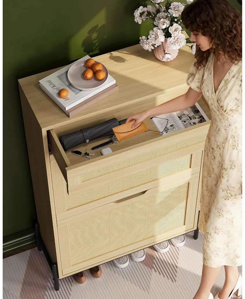 Homfan Wood Rattan Shoe Cabinet with Flip Drawers and Top Drawer, Adjustable Shelves, Slim Entryway Storage for Hallway