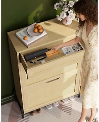 Homfan Wood Rattan Shoe Cabinet with Flip Drawers and Top Drawer, Adjustable Shelves, Slim Entryway Storage for Hallway