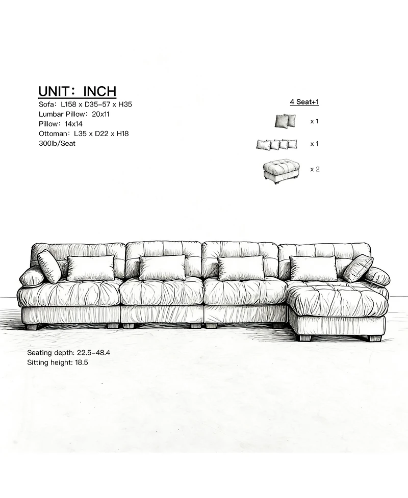 Clihome Modular Sectional Sofa Cloud Couch, L Shaped Sectional Couches for Living Room, Deep Seat Modular Couch with Round Armrests 6 Pillows