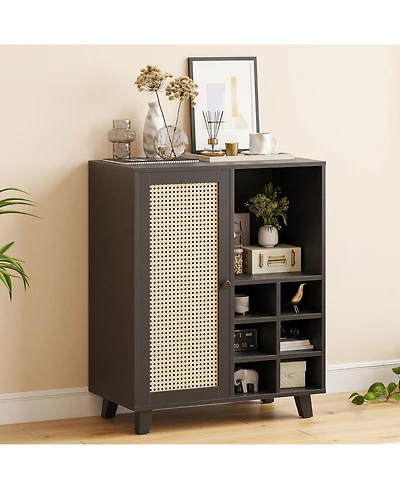 Clihome Rattan Sideboard Cabinet Wine Bar with Storage