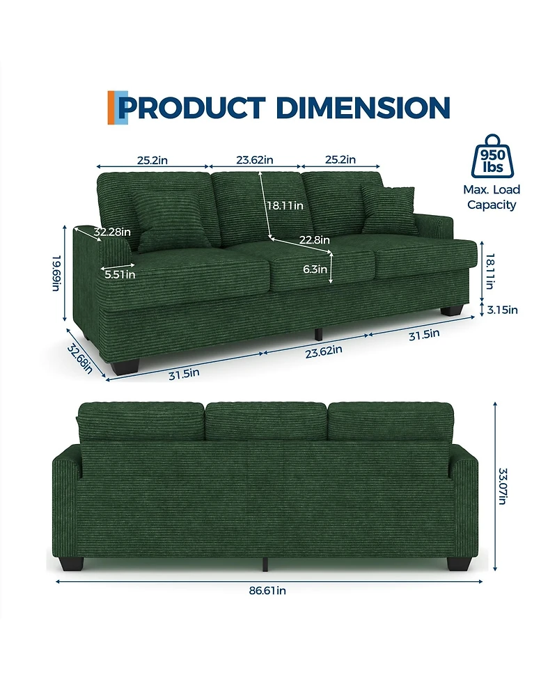 homfan 86" Corduroy Comfy Sofa, 3-Seater with 2 Throw Pillows, Cloud Couch Deep Seats, Removable Back Cushions, Modern Sofa for Living Room.