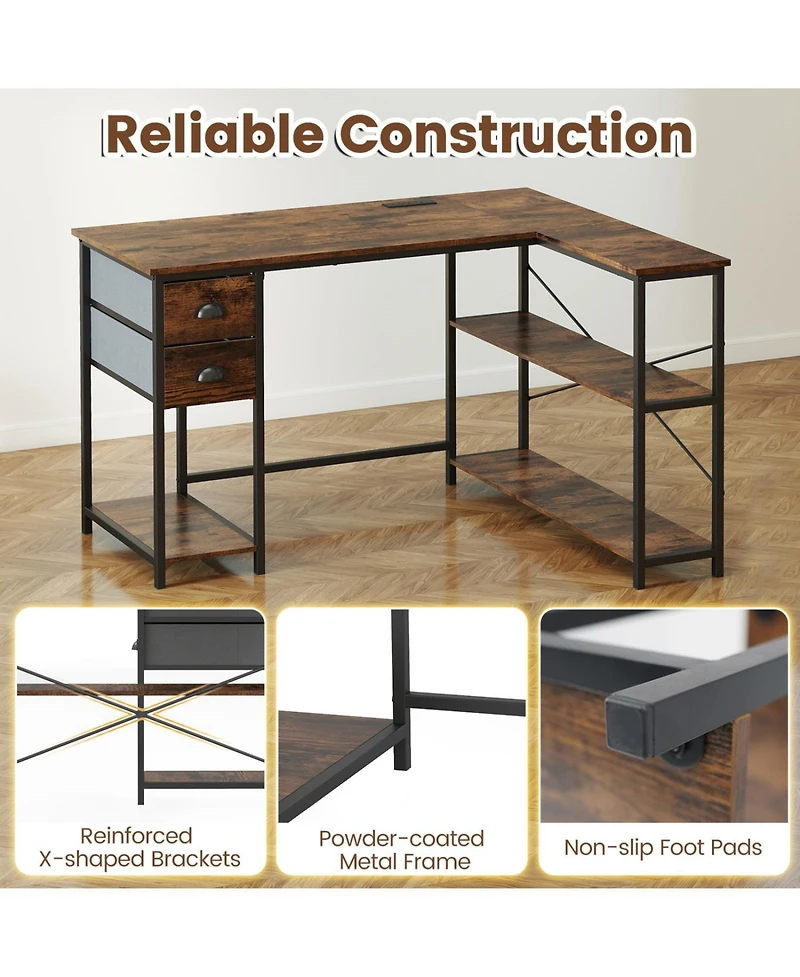 Slickblue L Shaped Desk with Charging Station and 2 Fabric Drawers