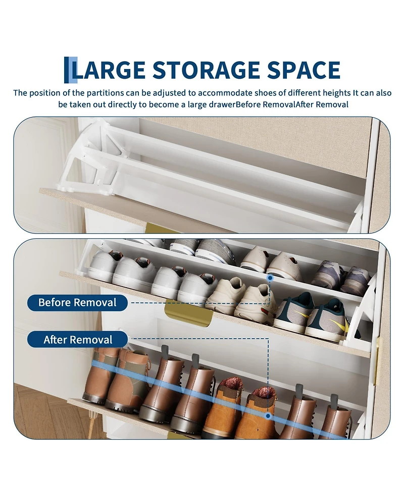 Homfan Shoe Storage 2 Flip Drawers, 1 Drawer, 1 Side Cabinet, Narrow Rack Metal Legs, Farmhouse Storage with Adjustable Shelves for Entryway