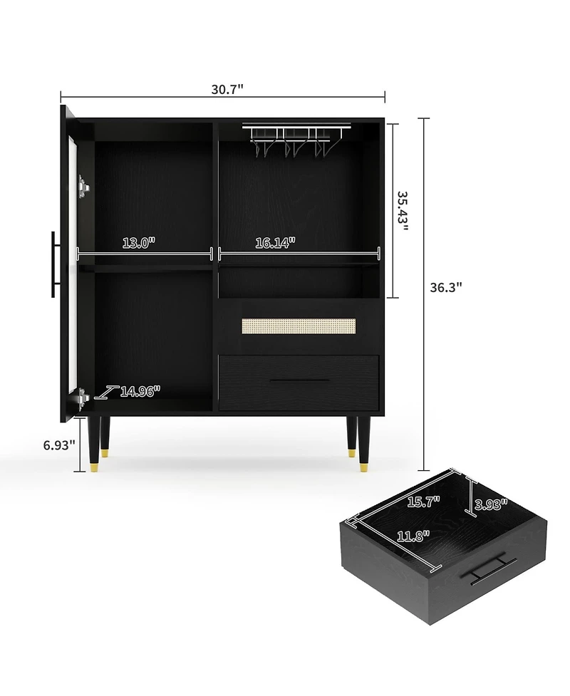 homfan Modern Bar Cabinet - Tempered Glass Door and Drawers, Storage Sideboard for Wine and Coffee in Kitchen or Living Room