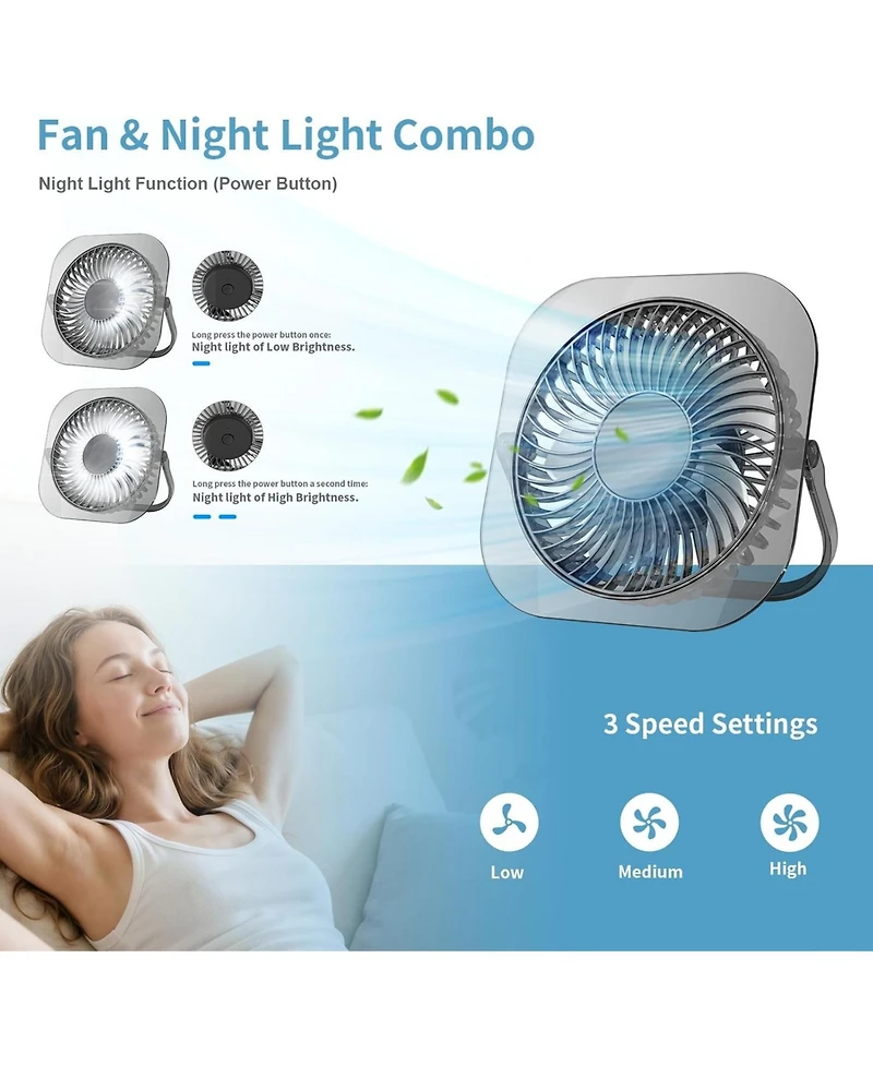 Cowsar Portable Usb Desk Fan with 3 Speeds and Night Light