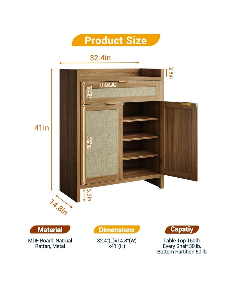 homfan 3 Pcs Rattan Shoe Storage, 41 in Tall, Adjustable Shelves, One Drawer, 6 Tier Farmhouse Wooden Organizer for Entryway, Hallway