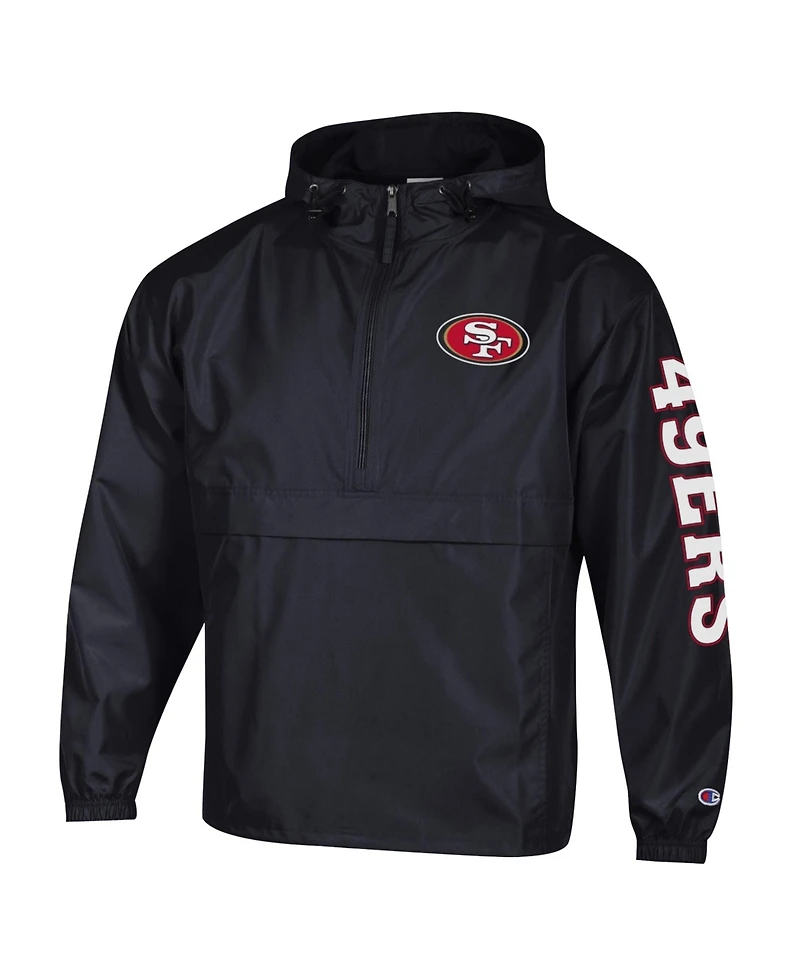 Champion Men's Black San Francisco 49ers Packable Hooded Windbreaker Half-Zip Jacket