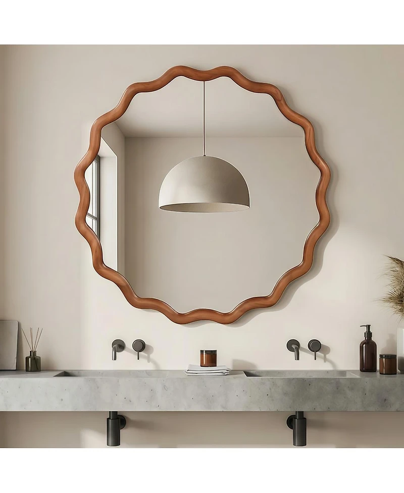 Laoties 24" Round Wavy Wood Frame Accent Mirror for Entryway and Bathroom