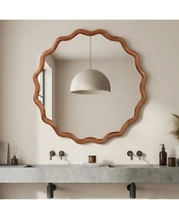 Laoties 24" Round Wavy Wood Frame Accent Mirror for Entryway and Bathroom