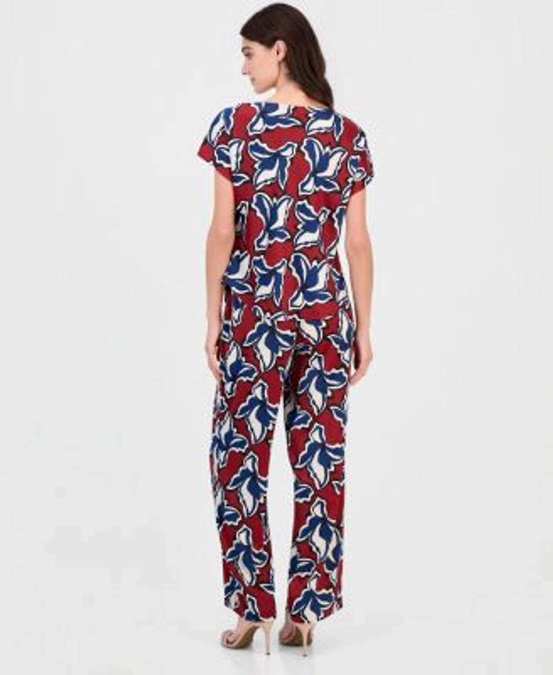 Anne Klein Womens Printed Cowl Neck Short Sleeve Top Printed Pull On Wide Leg Pants