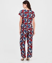 Anne Klein Womens Printed Cowl Neck Short Sleeve Top Printed Pull On Wide Leg Pants