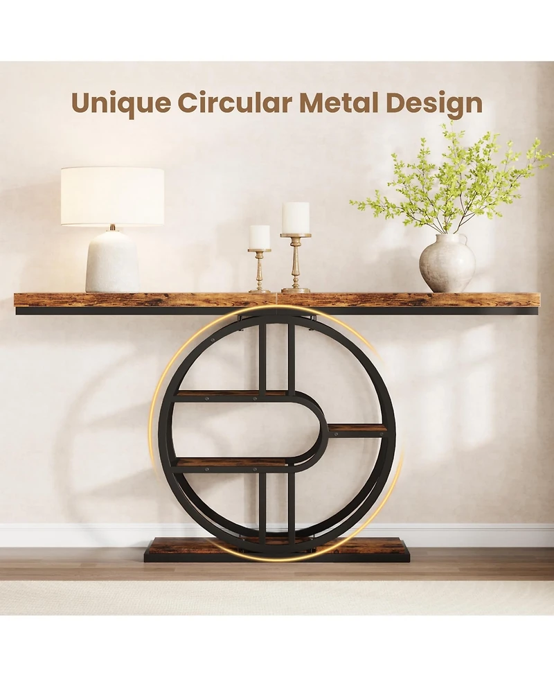 homfan 55 In Entryway Console Table with Storage Shelves, Narrow Industrial Sofa Table with O-Shaped Metal Frame