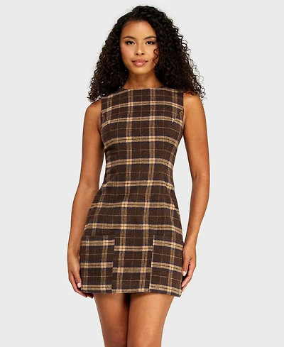 Alex & Sophia Juniors' Plaid Crewneck Tie-Back Mini Dress