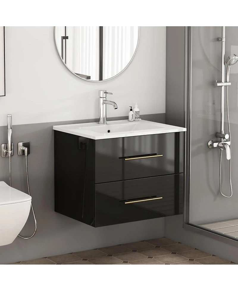Sillysis Wall Mounted Bathroom Vanity with Ceramic Sink, Double Drawers