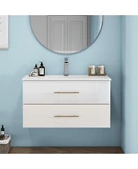 Sillysis Wall Mounted Bathroom Vanity with Ceramic Sink, Double Drawers, Modern Glossy Cabinet for Small Spaces